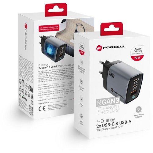 forcell kućni punjač (adapter)  f-energy gan III VT-37 sa lcd 2 x type c + usb a pd QC4.0 sam SFC2.0 3,45A 70W sivi Cene