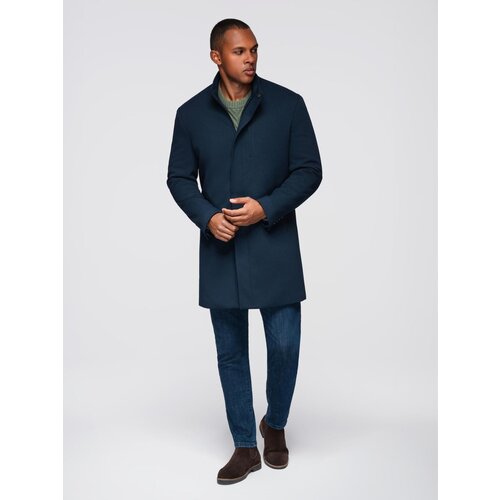 Ombre Men's tailored structured coat with high collar - navy blue Cene