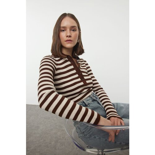 Trendyol Brown Polo Neck Basic Striped Knitwear Sweater Cene