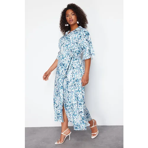 Trendyol Curve White-Blue Shally Woven Plus Size Dress