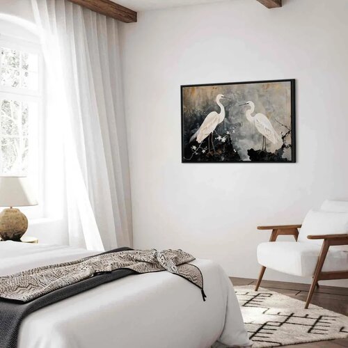  Slika - Herons and cherry blossoms - oriental-style illustration depicting birds 90x60 U crnom drvenom okviru Slike