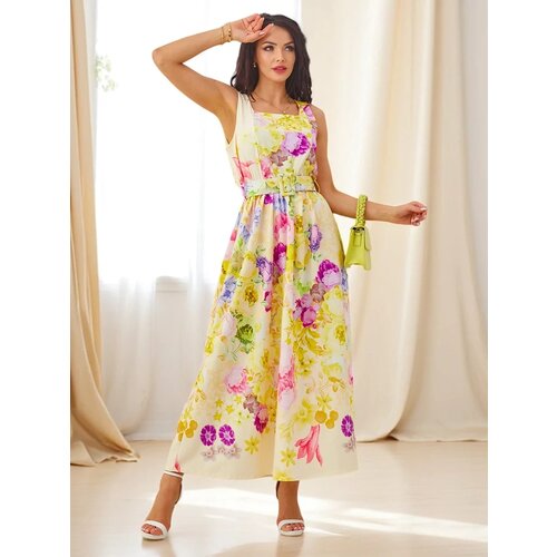 Resti Women's viscose midi dress with straps, featuring a belt in various floral prints Cene