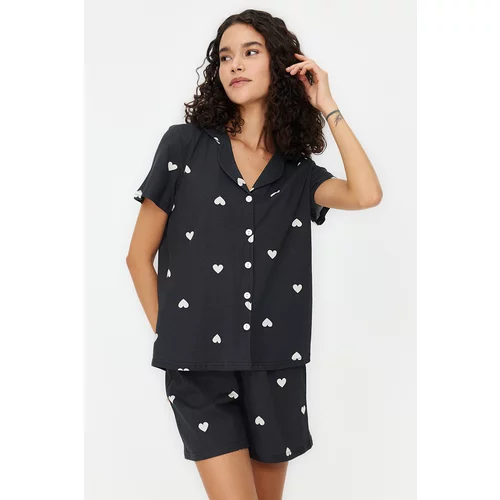 Trendyol Black 100% Cotton Heart Patterned Shirt-Shorts Knitted Pajama Set
