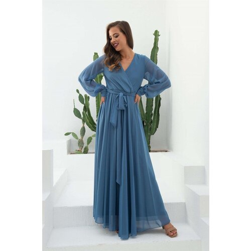 Carmen Indigo Chiffon Double Breasted Long Evening Dress Slike