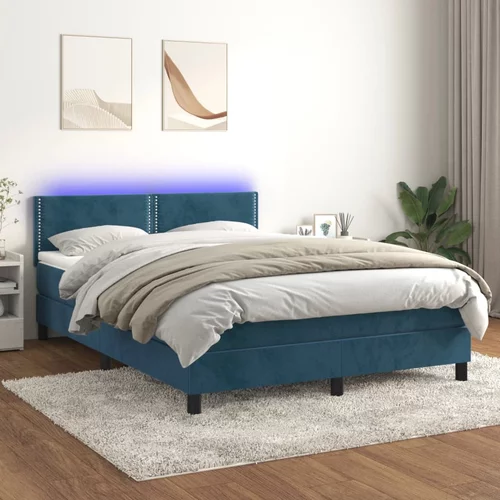 vidaXL Box spring postelja z vzmetnico LED temno modra 140x190cm žamet