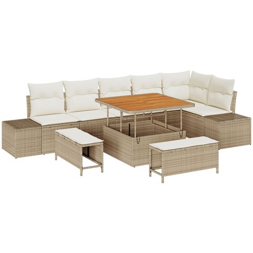 VidaXL 9-delni set vrtne sofe z blazinami Bež Poli Ratan Acacia, 2-sedežna vrtna sofa z blazinami Bež Poli Ratan, 3-delni set vrtne jedilne mize z blazinami Bež Poli Ratan Acacia Slike