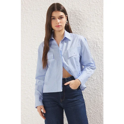 Trendyol Blue Over all Stone Detailed Pocket Striped Oversize Wide Pattern Woven Shirt