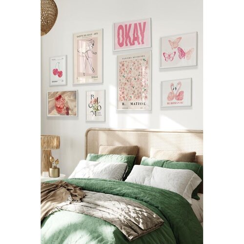 Wallxpert set od 8 uramljenih slika &amp;Ccedil;gs-016, roze motivi &amp;ndash; balerina, matisse cvetni plakat, leptiri, flamingosi i natpis okay, beli ram Slike