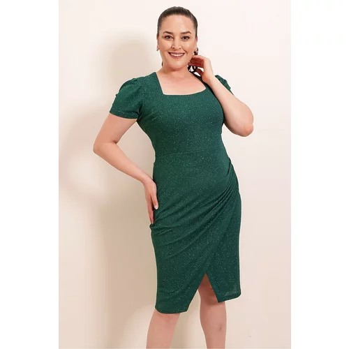 By Saygı Short Sleeves with Smocking at the sides, and Lined Wrapover Glittery Plus Size Dress Wide Size Green.