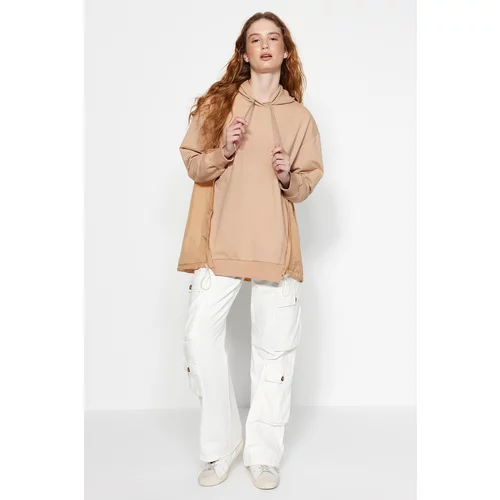 Trendyol Camel Hooded Knitted Sweatshirt with Back Detail