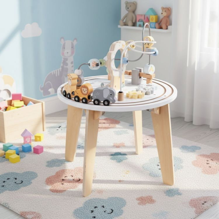  Drveni 5u1 edukativni interaktivni sto za decu &ndash; lavirint, perlice na žici (rolerkoster), vozić, ogledalo, ECOTOYS Cene