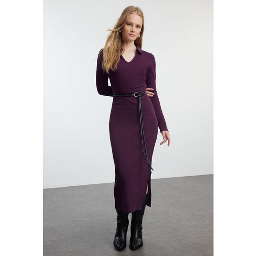 Plum Straight Polo Neck Bodycone/Fitting Midi Knitted Dress Slike