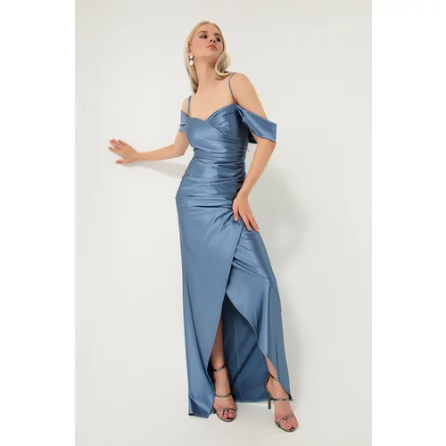 Lafaba Women's Indigo Long Evening Dress with Slim Straps, Double Breasted Collar and Slit.