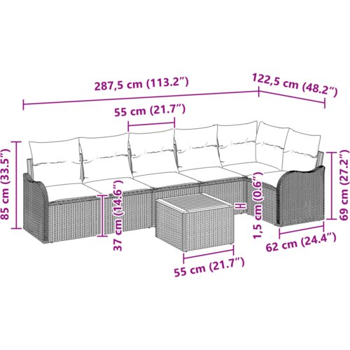 vidaXL 7-dijelni set vrtne sofe s jastucima Crni Poli ratan Akacija, 2-sjedalni set vrtne sofe s jastucima Crni Poli ratan Cene