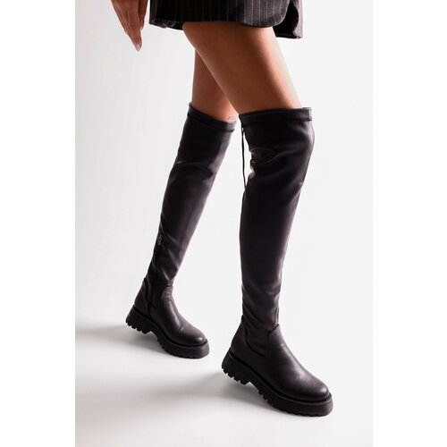 Shoeberry Women's Margot Black Thick Sole Long Stretch Elastic Boots Black Skin Slike