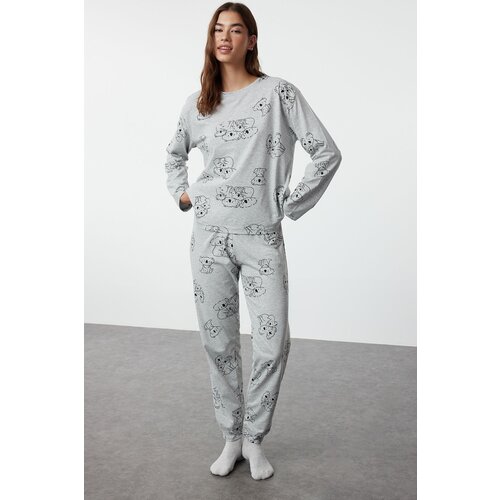 Trendyol gray melange cotton animal pattern knitted pajama set Slike