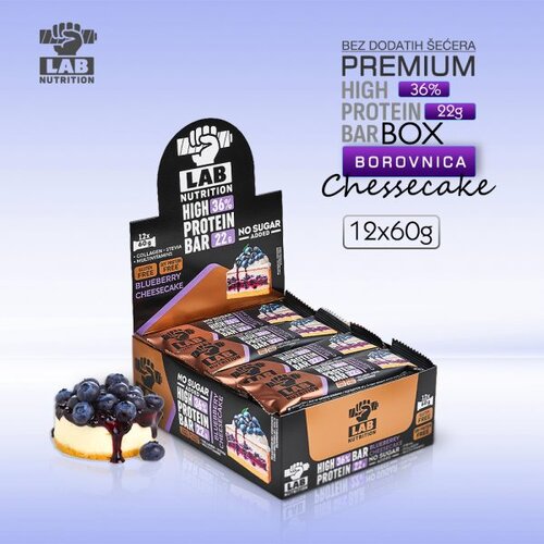 Lab Nutrition Proteinska čokoladica Borovnice-Cheesecake, Bez &amp;scaron;ečera, 12kom X 60g Slike