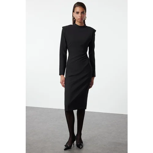 Trendyol Black Padded Shoulder Detailed Stand Collar Fitted/Fits Body Midi Woven Dress