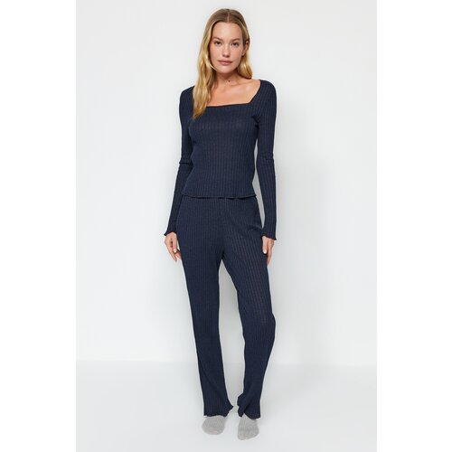 Trendyol Navy Blue Square Collar Lettuce Detailed Camisole Tshirt-Pants Knitted Pajamas Set Cene