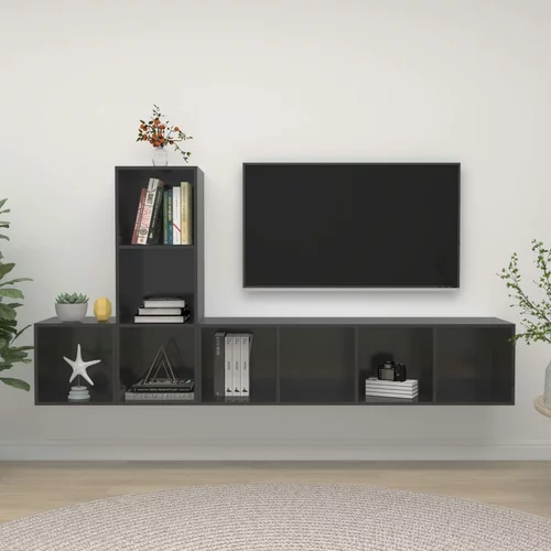 vidaXL Komplet TV omaric 3-delni visok sijaj siva iverna plošča