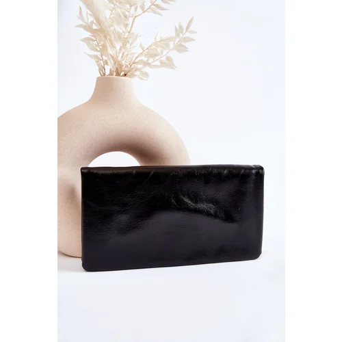  Women's Large Leather Wallet With A Zipper Black Shiness