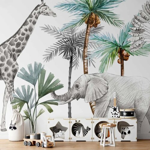  Foto tapeta - Jungle Animals Wallpaper for Children\'s Room in Cartoon Style 450x315 Vodootporna Cene
