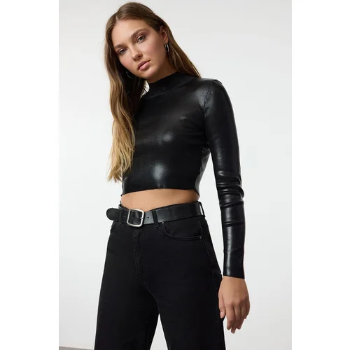 Trendyol Black Crop Basic Foil Printed Knitwear Sweater