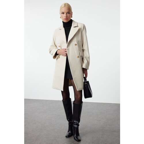 Trendyol Ecru Stitch Detailed Regular Wool Midi Coat Slike