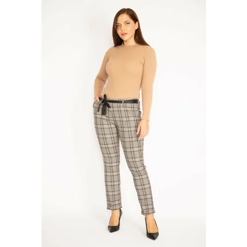Şans Women's Claret Red Checkered Concealed Belt Front Zippered Side Pockets Faux Leather Belt Detail Classic Trousers.