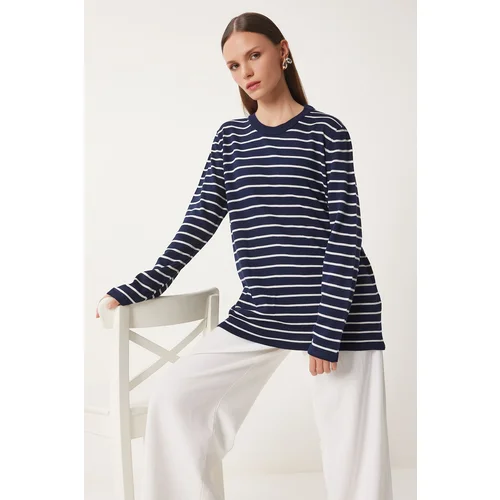 Happiness İstanbul Women's Navy Blue White Striped Seasonal Knitwear Sweater