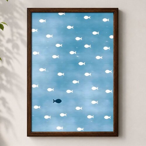 Wallxpert uramljena MDF slika 3752KACT-056, jato belih riba i jedna tamna riba na plavoj pozadini, 37 x 52 cm Slike