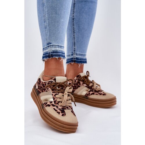 Boto Women's Platform Sneakers With Double Lacing Leopard Beige Niteria Cene