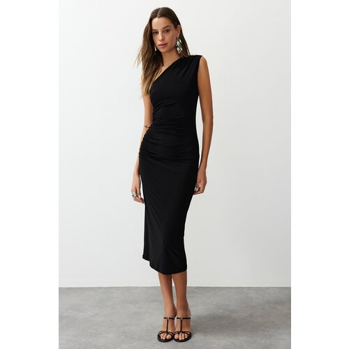 Trendyol Black One-Shoulder Draped Fitted Flexible Knitted Midi Dress Cene