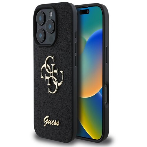 Guess PU Fixed Glitter 4G Metal Logo Zadn&amp;iacute; Kryt pro iPhone 16 Pro Black Ovitek za telefon Vijolična Slike