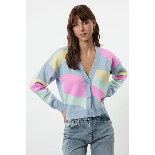 Trendyol Blue Color Block Knit Cardigan