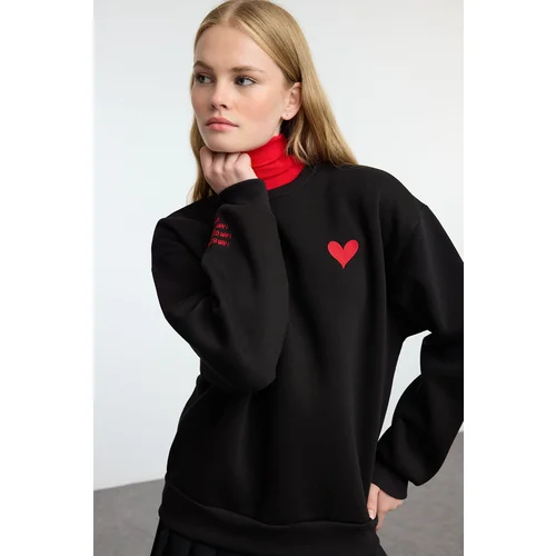 Trendyol Black Embroidered Regular/Normal Fit Thick Inside Fleece Knitted Sweatshirt