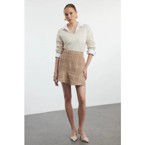 Trendyol Camel Flounce Tweed Fabric Mini Woven Skirt