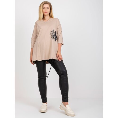 Fashion Hunters Plus size light beige cotton blouse with a printed design Slike