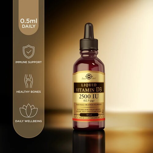 Solgar liquid Vitamin D3 2.500 I.E. tekoča oblika z okusom pomaranče 59 ml Slike