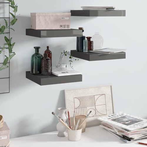 VidaXL Stenske police 4 kosi visok sijaj sive 23x23,5x3,8 cm MDF Slike