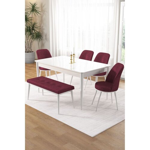Hanah home trpezarijski set Pir, sto, 4 stolice i klupa, bela ploča, bordo tkanina Babyface Cene