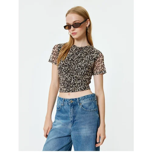 Koton Chiffon Blouse Leopard Patterned Short Sleeve Gathered Crew Neck