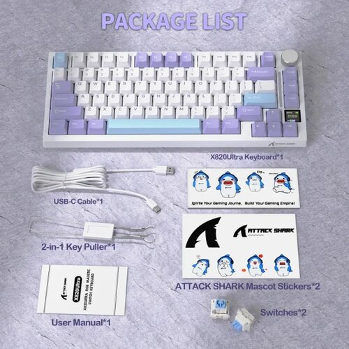 Attack Shark bežična gaming tastatur X820Ultra mehanička/trimode/tft screen/gasket/lavender Slike