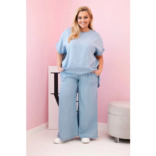 Kesi Włoski Plus Size women's set made of Tencel blouse and tie-waist pants light denim Cene