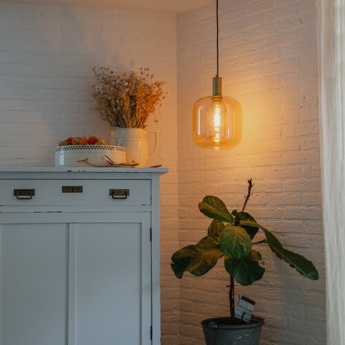 QAZQA Smart hanglamp zwart met messing en amber glas incl. Wifi G995 - Zuzanna Cene