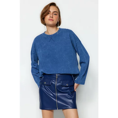 Trendyol Indigo Worn/Faded Effect Relaxed/Comfortable fit Crew Neck Long Sleeve Knitted T-Shirt