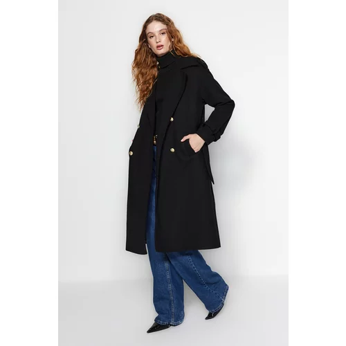 Trendyol Black Oversize Wide-Cut Belted Long Stamped Coat
