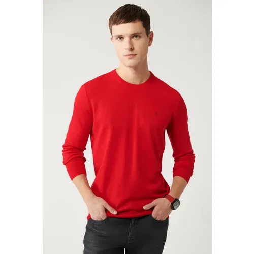 Avva Men's Red Knitwear Sweater Crew Neck Anti-Pilling Standard Fit Regular Cut