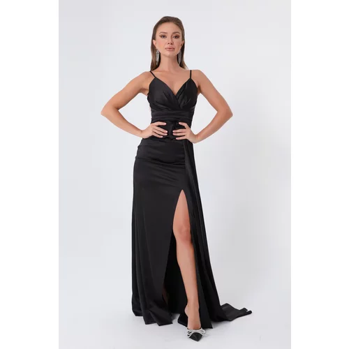 Lafaba Women's Black Strapless Long Satin Evening Dress & Prom Dress