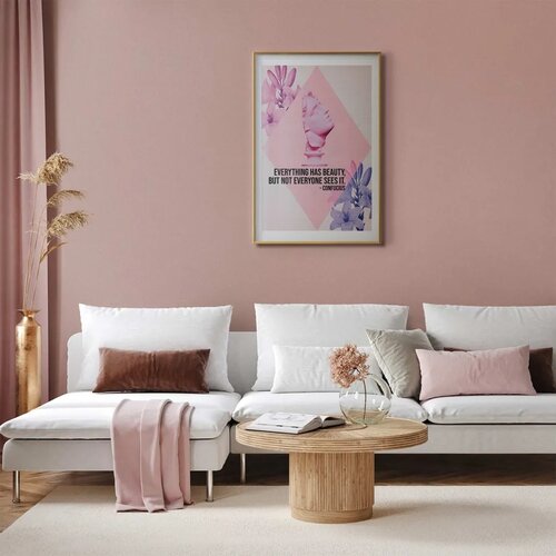  Plakat - Confucius on Beauty - a bust in pink with flowers and a quote 21x30 Zlatni okvir s margom Slike